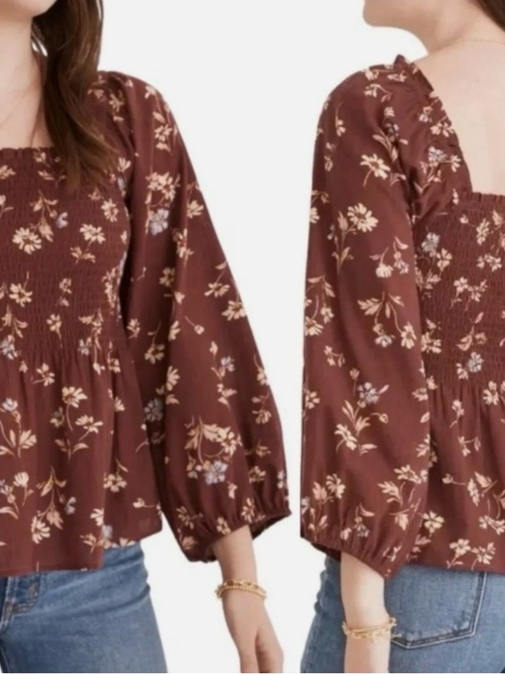 Madewell Lucie Smocked Brown Square-Neck Blouse